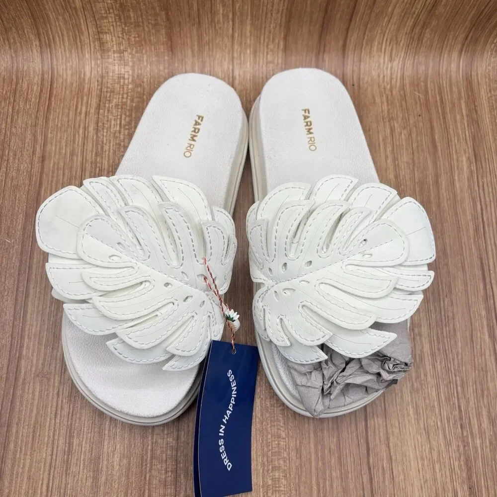 Farm Rio Monstera Off White Platform Anatomical Slides Sandals US 10/EU 42 NWT‎